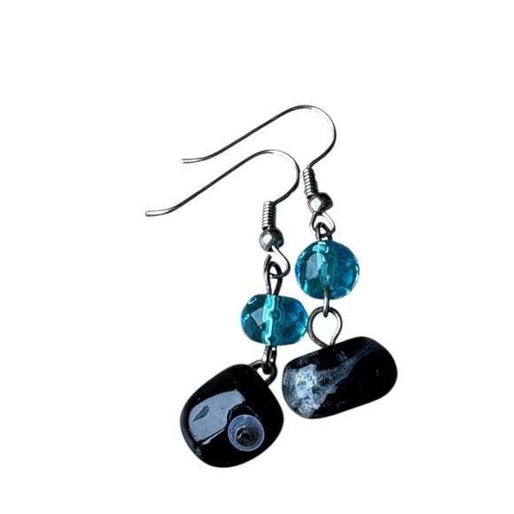 Blue Beaded Natural Stone Dangle Earrings Silver Tone - Picture 1 of 5